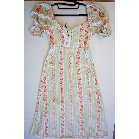 WeWoreWhat Women Sz 2 Green Victorian Floral Stripe Puff Sleeve Midi Dress - Picture 5 of 10
